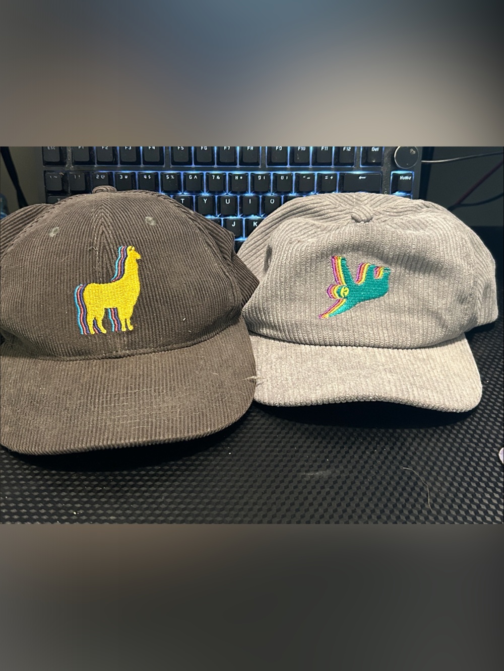2 Wookles Corduroy Baseball Cap with Colorful Embroidered Animal - Brown & Gray